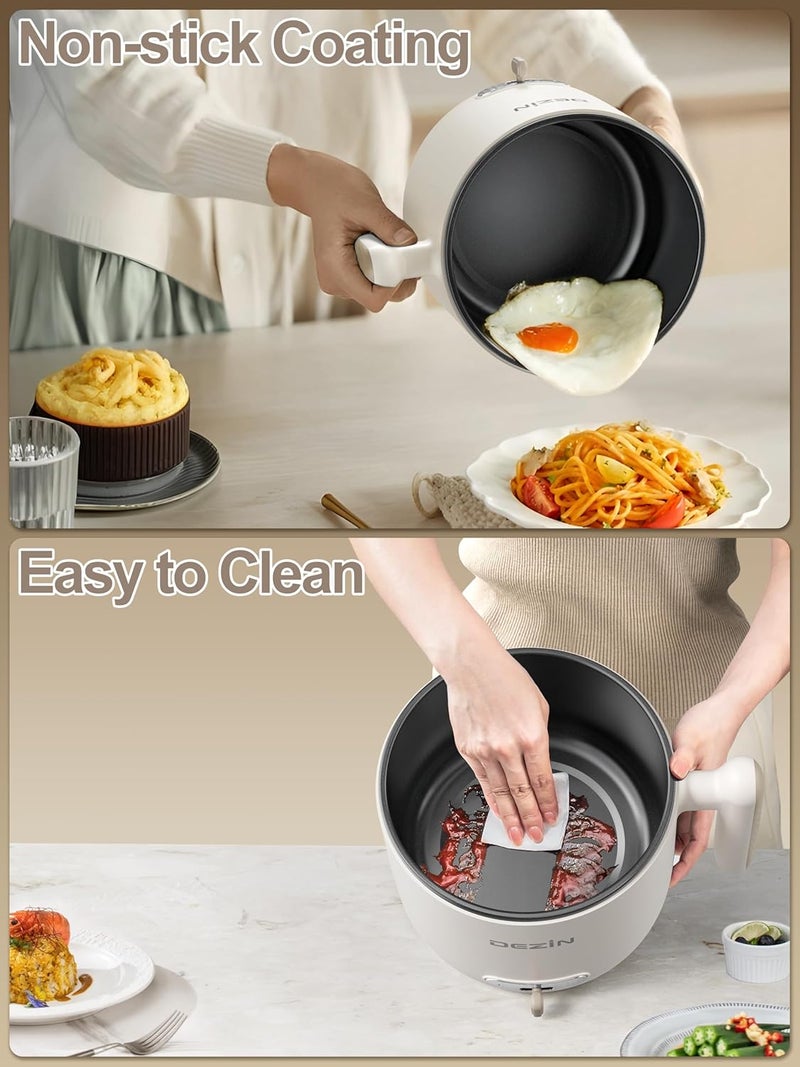DEZIN Electric Pot with Steamer, 1.8L Dual Power Ramen Cooker, Portable Non-Stick Hot Pot Electric for Soup, Pasta, Egg, Oatmeal, Overheat & Boil-Dry Protection, Ideal for Dorm, Office(Beige) - Image 5